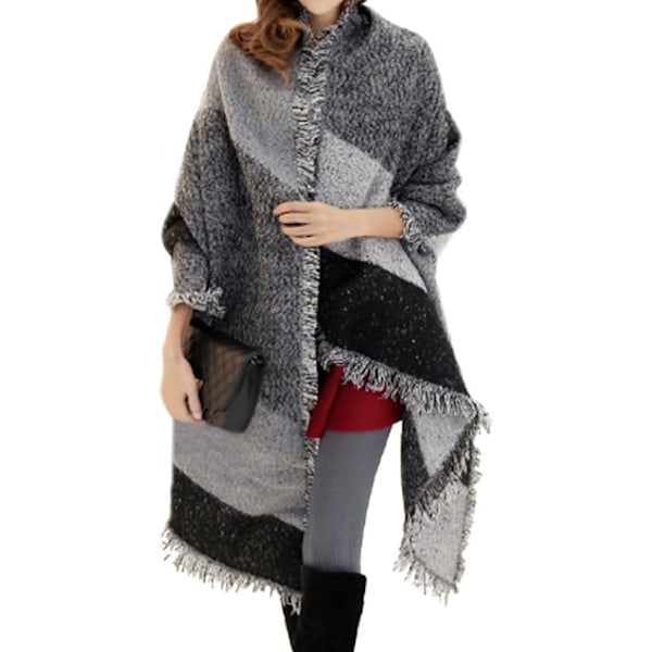 Stor Överdimensionerad Sjal Pashmina Wrap Poncho Tjock Stil Sjal Patchwork Cape Sjal för Kvinnor Black