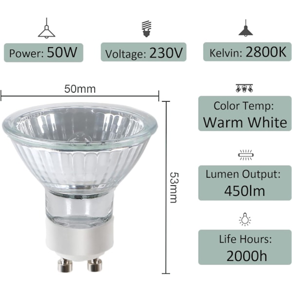 GU10 Halogenpærer 220V GU10 Halogen Spotlight Pærer 450lm 2800K Varmt Hvit 40° Strålevinkel GU10 Pærer for Taklamper Dimmbare - 6-pakning GU10 50W