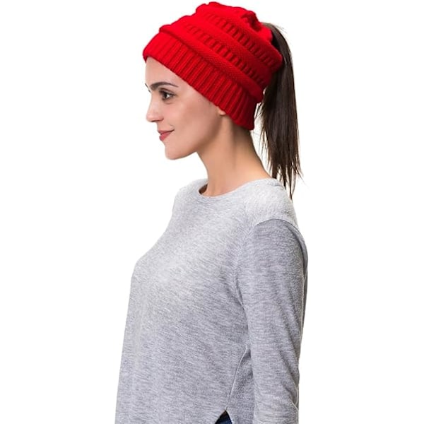 Dame Cable Strikket BeanieTail Messy Bun Hestehalehette Varm Vinter Beaniehatt red