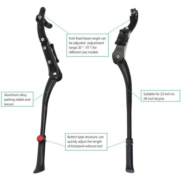 Justerbart sidostöd för cyklar, kraftig aluminiumlegering - svart mountainbikestöd, justerbar längd, robust montering