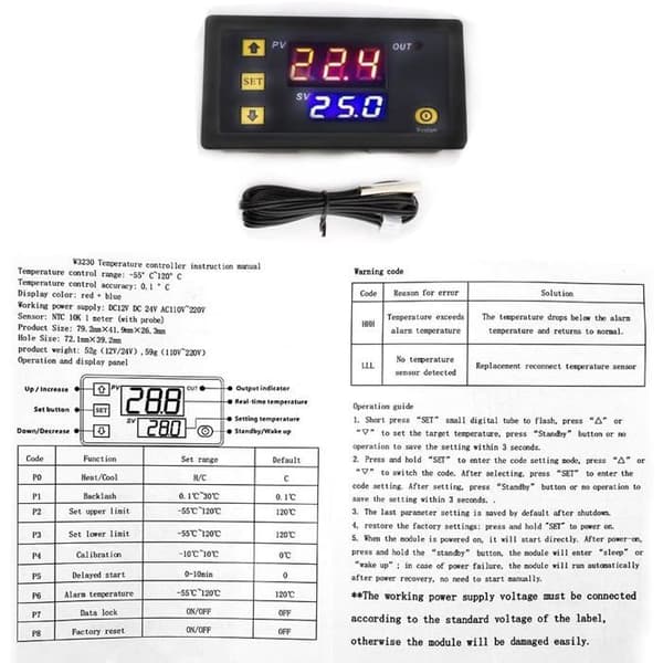 En 12V 20A digital temperaturregulator, W3230 temperaturregulator, DC digital temperaturregulator.