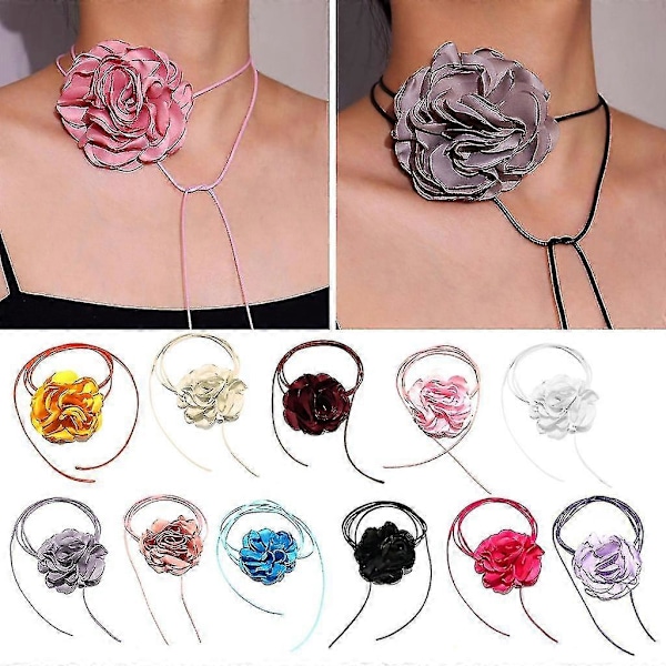 Stor Rose Blomst Kragebeinkjede Enkelt Justerbart Stoff Halskjede Dame Choker Black