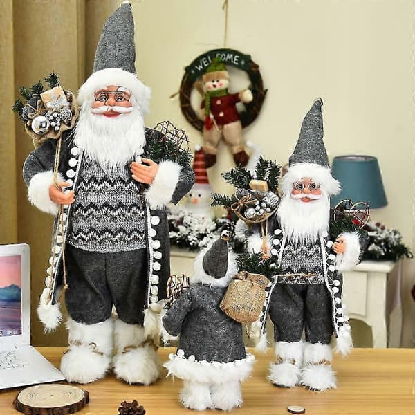 Opgraderet grå julemandsfigur med gavepose og stok - juledekoration