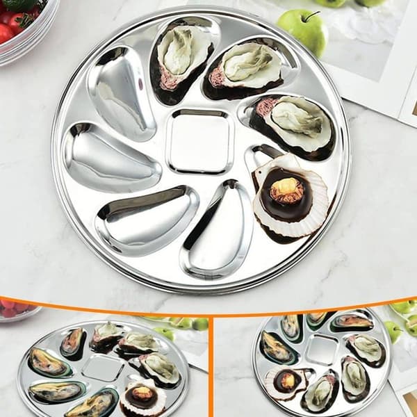 Østersfat i rustfritt stål - 4,23 cm, standard, skallformet, 8 sausrom, serveringsredskap for forretter