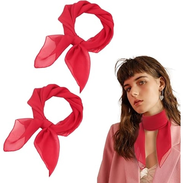 2 Pieces Women Plain Square Chiffon Neck Scarf For Lady Retro 50s, Soft Light Weight Bandana Wrap, 65x65 cm (Red)