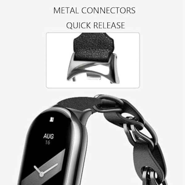 Kompatibel med Xiaomi Mi Band 8 Armband, Ersättningsarmband Öppet Design Rostfritt Stål Ring Läderkedja Bälte Andningsbart Elegant Armband för Dam Black