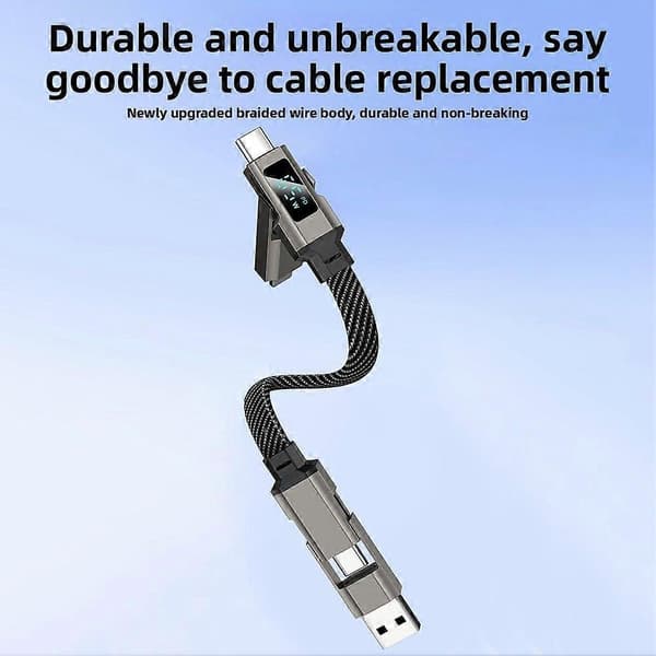 65W Snabbladdande 4-i-1 Nyckelringskabel med LED-display för iPhone & Android - USB C & USB A Multiladdare Black