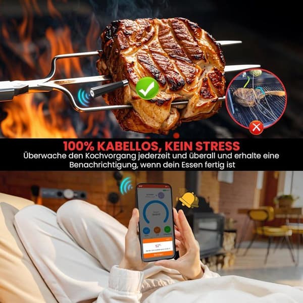 Trådløst køkkentermometer med dobbelt sensor, timer og alarm, velegnet til tilberedningsmetoder som grillning.