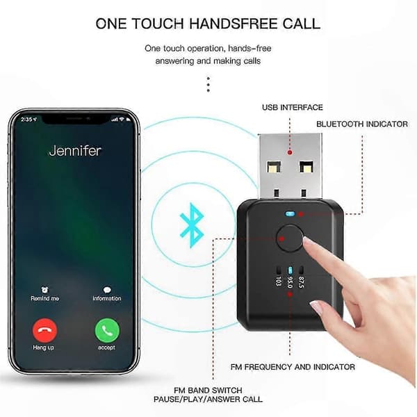 Trådløs Bluetooth 5.1 Bil FM-sender med USB-lader, håndfri samtale og musikkstrømming for bil