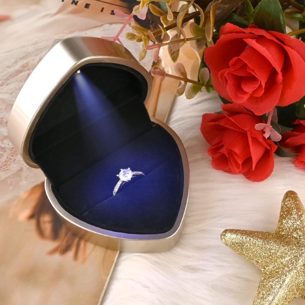 Ringæske med LED-lys Smykkegaveæske Forlovelse Kreativ Diamant Hjerteformet Ringæske Bryllupsringæske  (Sort)