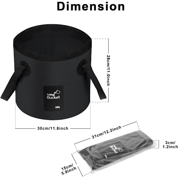 Foldbar bøtte - Sammenleggbar campingoppbevaringsbeholder Sammenleggbar bøtte 12L Bærbar lett bøtte for camping, reiser, fiske, båtliv og hagearbeid 20l Black