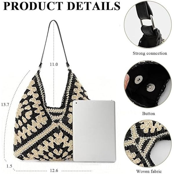 Stor Crossbody-väska för Kvinnor, Sommarväska i Raffia, Damväska i Halm, Sommarstrandväska, Tygväska, Virkade Väskor Negro