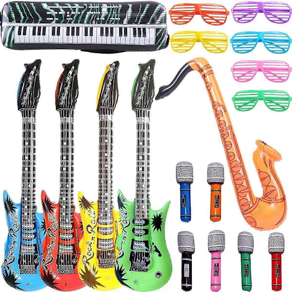 18 Pak Oppusteligt Rock Star Legetøjssæt - 4 Oppustelige Guitarer, 6 Mikrofoner, 6 Solbriller med Lameller, 1 Saxofon og 1 Oppusteligt Keyboard Klaver