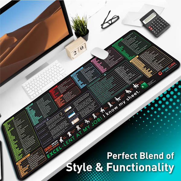 Excel Snarveisknapper Musematte - Utvidet Stor XL Jukseark Spillmusematte | PC Kontor Regneark Tastaturmatte | Sklisikker Sydd Kant