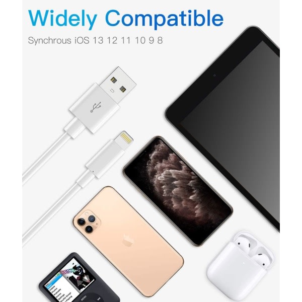 3Pack 2m iPhone-ladekabel, USB til Lightning-kabel, iPhone-kabel kompatibel for iPhone hvit