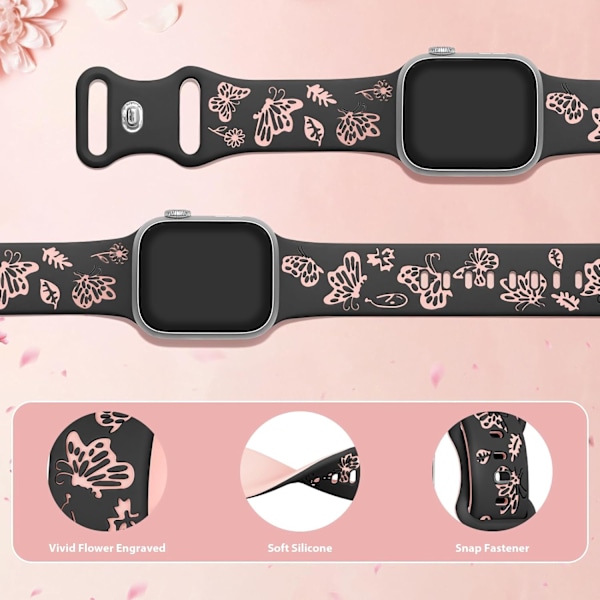 Blomstergravert Rem for Apple Watch-reimer Kvinner Dameklokke Rem, Silikon Søt Blomst Sommerfugl Sportbånd for Apple Watch-serie Black Pinksand 42/44/45mm