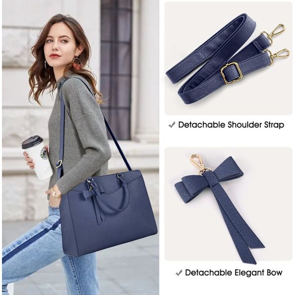 Stor Dame Håndtaske 15,6 Tommer Laptop Taske PU Læder Skoletaske Vandtæt Tote Taske Shopper Skuldertaske Azul