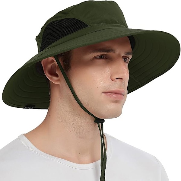 Sommerhatt med bred brem for menn og kvinner, UV-beskyttelse, fiskerhatt, bøttehatt for safari, fotturer, strand, sykling, fjellklatring 01 Verde