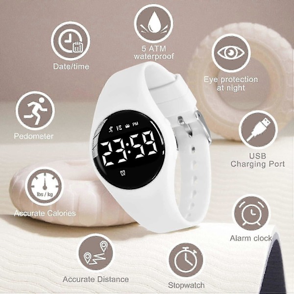 Barnklocka, Digital Klocka Kompatibel Med Pojkar Flickor, Sportklocka Med Fitness Tracker, Väckarklocka, Stoppur, Ingen App Och Vattentät, Klocka Kompatibel 55-White-F