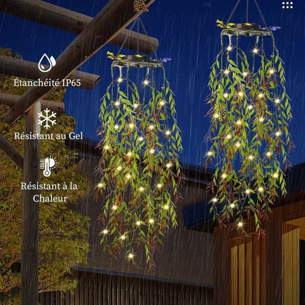 Udendørs solcellelampe, 2 kunstige pilebladplanter, hængende 66 LED-lys, udendørs solcellelanterne til haven