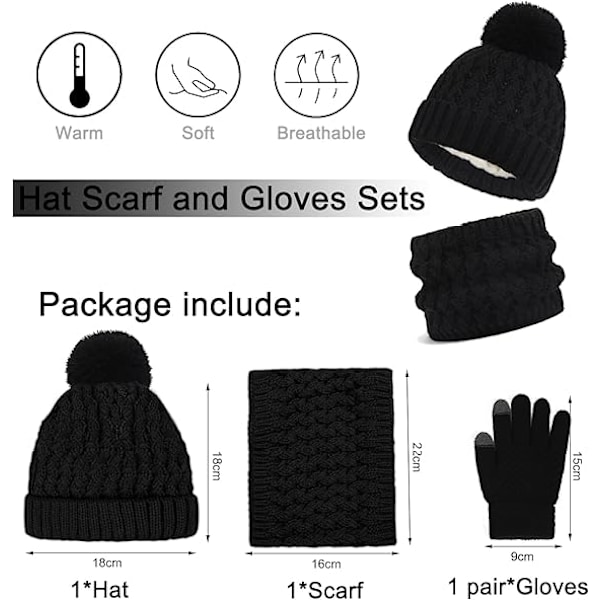 Vintermössa, Halsduk och Vantar Set för Barn, 3-Delar Stickad Varm Crochet Tjock Fluffig Halsduk Pom Pom Mössa Två Fingrar Touch Screen Vantar Set Black