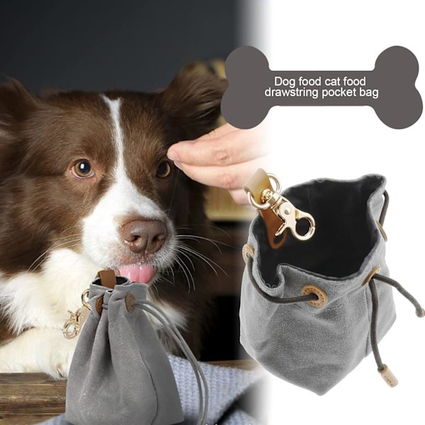 Hundegodepose Rengjørbar Hundegodbit Treningspose med Klips og Trekkstreng Kjæledyr Snackspose Matlagring for Hundetrening Utendørsaktiviteter Gåtur Grey