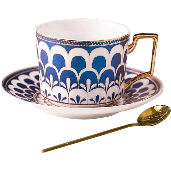 European Style Cup Tea Cup and Saucer Set, 8.5oz/250ml Bone China Coffee Tea Cups with Saucer and Golden Spoon