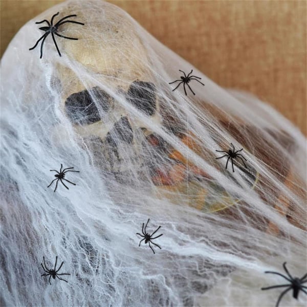 1500 Kvadratfot 300g Halloween Spindelnät Sträckbart Spindelnät med 50 st Små Spindlar Halloween Inomhus Utomhus Dekorationer