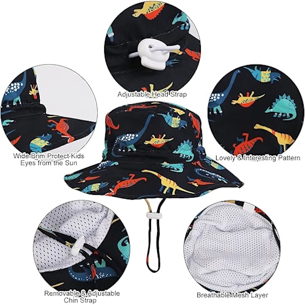 Barn Sommar Solhatt Bucket Hat med Justerbar Hakrem UPF50 Bredbrättad Strandhatt Dinosauriehatt för Barn i Åldrarna 4-6 (2-pack)