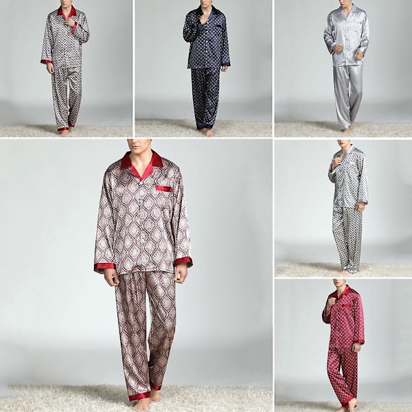 Herre Sommer Imitation Silke Pyjamas Sæt Print Skjorte Lange Bukser Nattøj Dark red XXXL