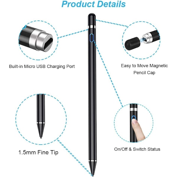 Stylus Pen til iPad Touch Screen Pen Kapacitiv Fin Spids Genopladelig Digital Pen Kompatibel med iPhone Tablets og Andre Touchscreen Enheder Black