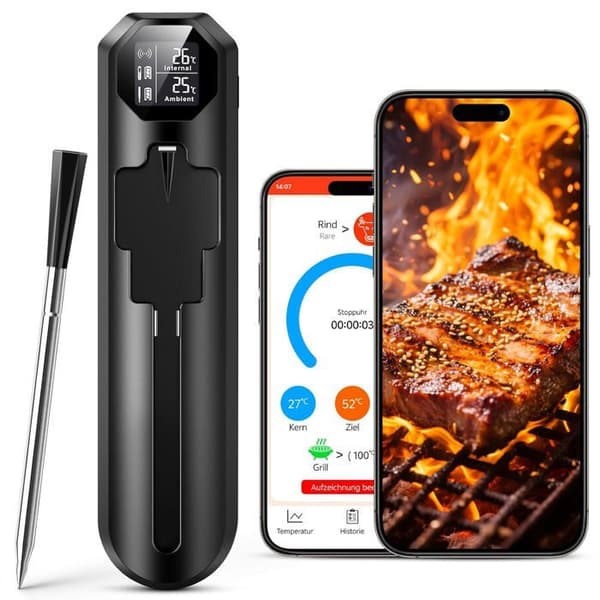 Trådløst køkkentermometer med dobbelt sensor, timer og alarm, velegnet til tilberedningsmetoder som grillning.