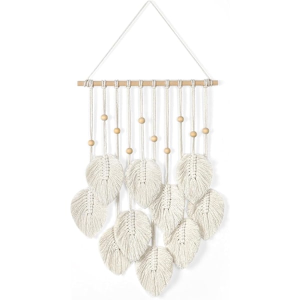 Makramé Veggdekor Beige Blad Kvastvev Boho Chic Veggdekor Håndlaget Vevd Veggkunst for Soverom Stue Kontor Leilighet Ornament White