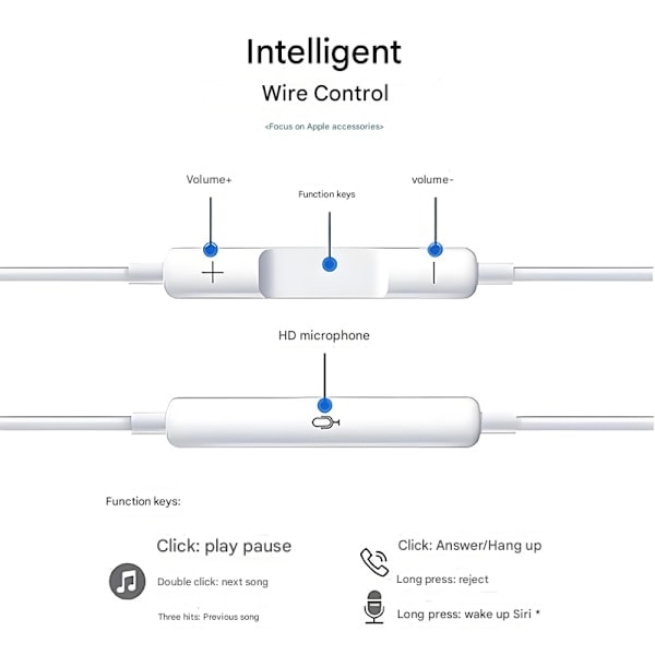 Lightning-yhteensopivat kuulokkeet iPhonelle äänenvoimakkuuden säädöllä ja mikrofonilla, valkoinen