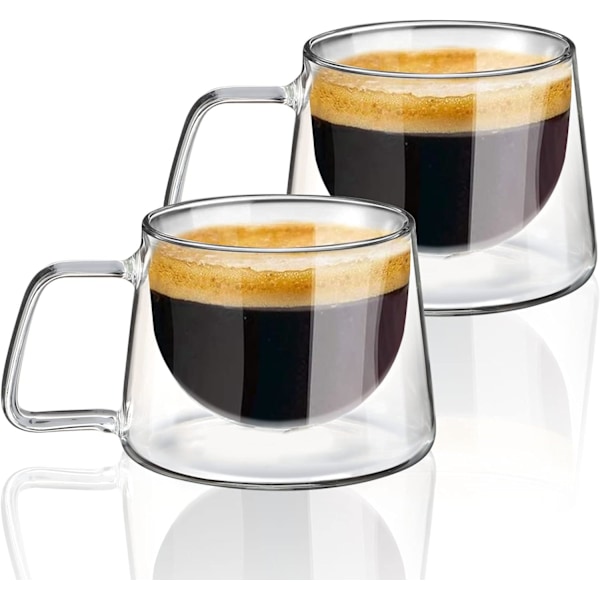 200ml Set of 2 Double Walled Coffee Cups with Handle, Handmade Insulated Borosilicate Glass, Dishwasher Safe & Heat Resistant