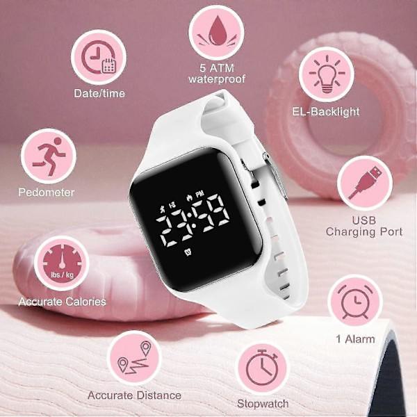 Barnklocka, Digital Klocka Kompatibel Med Pojkar Flickor, Sportklocka Med Fitness Tracker, Väckarklocka, Stoppur, Ingen App Och Vattentät, Klocka Kompatibel 14-White-E