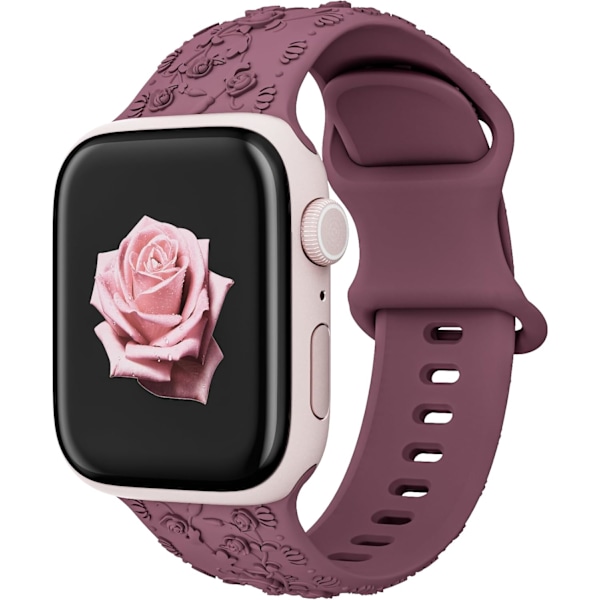 Gravert Rem for Apple Watch Remmer iwatch Rem Dame, Myk Silikon Rose Blomstermønster Rem for iWatch Serie Rem Cherry/Brown 42/44/45mm