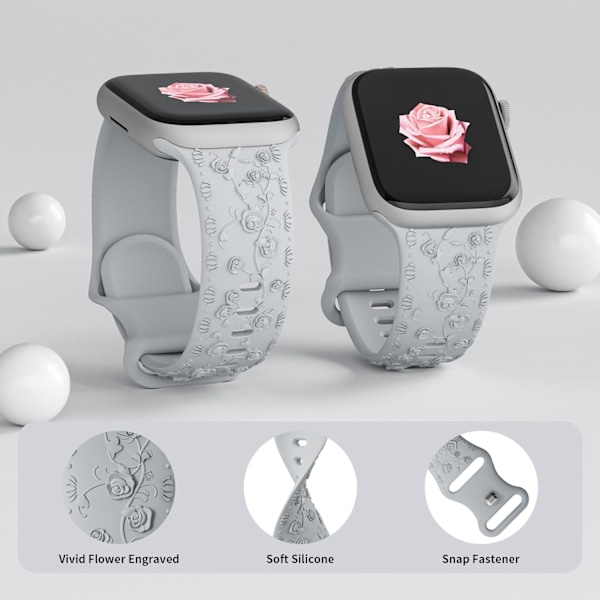 Gravert Rem for Apple Watch Remmer iwatch Rem Dame, Myk Silikon Rose Blomstermønster Rem for iWatch Serie Rem Grey/Pink Sand 38/40/41mm