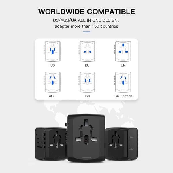 Reseadapter 2000W Snabb Internationell Strömadapter USB Reseadapter US UK EU AU Reseadapter Världsomspännande för Laptop blå