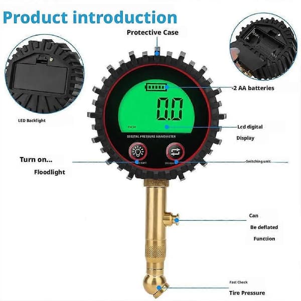 Dæktryksmåler 3-255Psi Baggrundsbelyst LCD-display Digital Lufttryksmåler