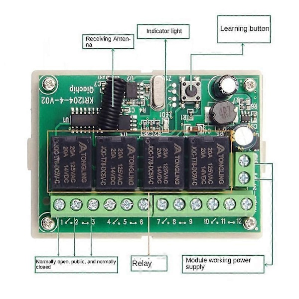 DC12V 24V 4CH Fjärrkontroll Switch 433M Mottagningskontroll Fyrvägs Relämodul