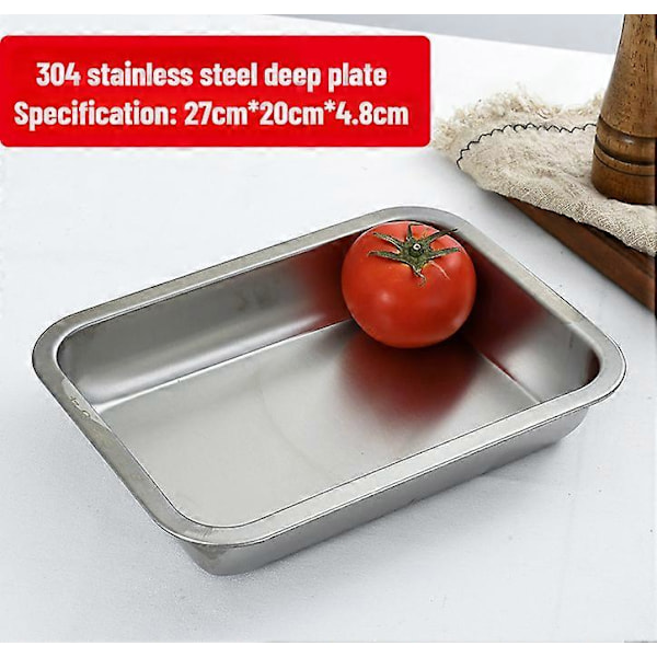304 rustfritt stålbrett, rektangulær ren flat bunn firkantet plate, kommersiell kjøkken bakefiskplate, fortykket dampet risplate H-style L27 W20 H4.8flat bottom