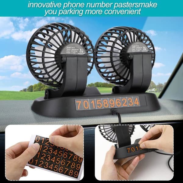 Dobbelt hoved bilventilator, 360° roterende ventilator, kraftig lydløs ventilator, 2 hastigheder, USB bærbar