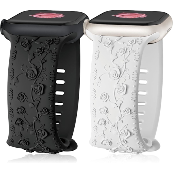 Gravert Rem for Apple Watch Remmer iwatch Rem Dame, Myk Silikon Rose Blomstermønster Rem for iWatch Serie Rem Black/White 42/44/45mm