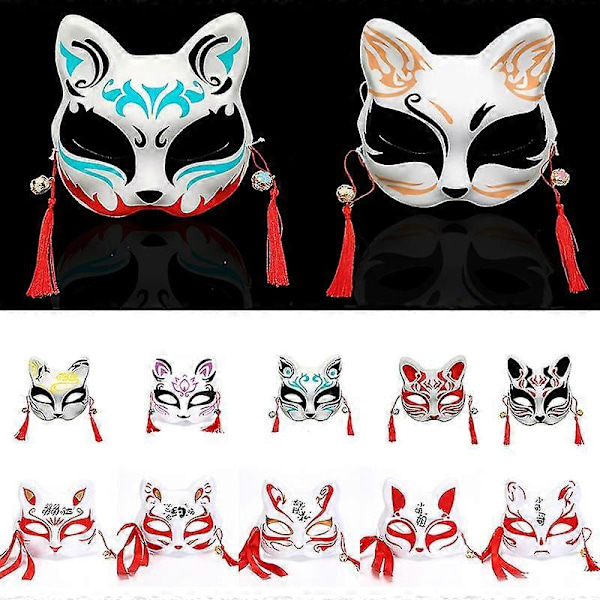 Anime Fox Mask Cosplay Kostymfest Prop Handmålad Japansk Halv Ansikte Kattmask Maskerad Festival Bal Kabuki Kitsune Masker 22