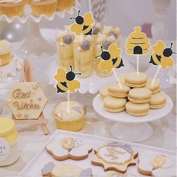 50-pack Bi Cupcake Toppers Glitter Bumble Bee Cupcake Toppers för Bumble Bee Kön Avslöjande Baby Shower Födelsedagsfest Dekor