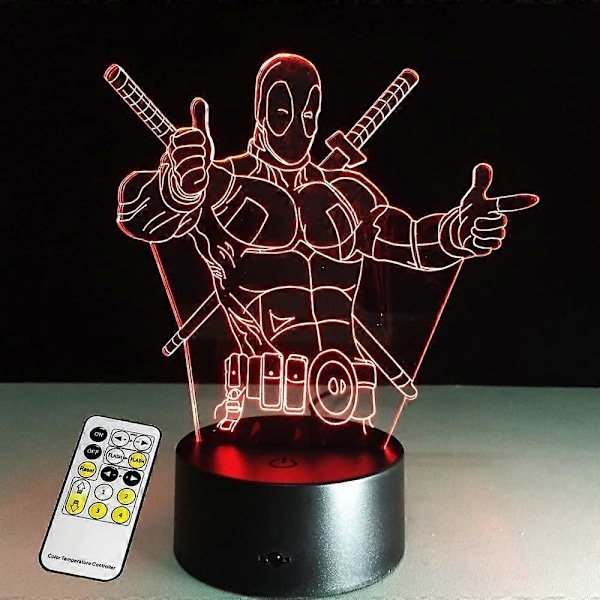 Wekity 3D-lampa Deadpool med fjärrkontroll - Den perfekta presenten till pojkar - Akryl bordslampa nattlampa möbel dekorativ färgglad 7 färger som byter hushåll hemtillbehör