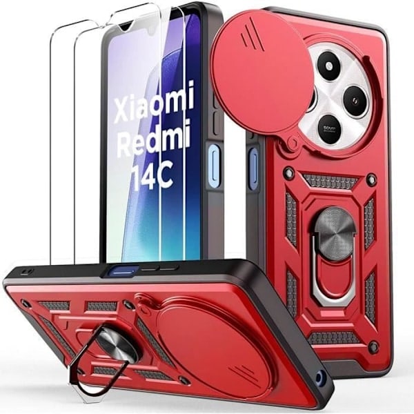 Kotelo Xiaomi Redmi 14C -puhelimelle ja 2 karkaistua lasia, kova iskunkestävä punainen kotelo kamerasuojalla