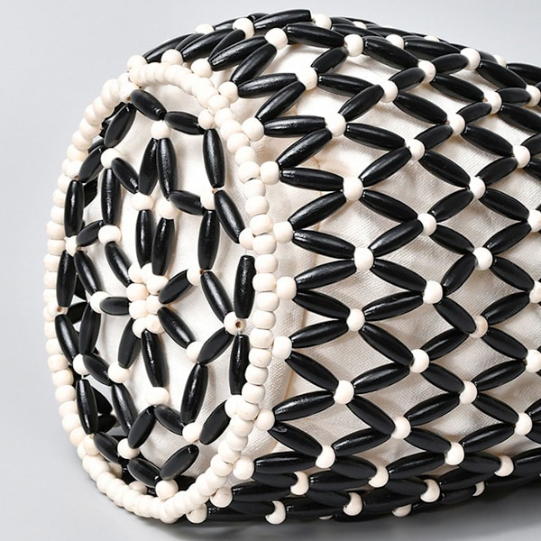 Retro Træ Skuldertaske Kvinder Vævet Perlebesat Håndtaske Udhulet Tote Taske Casual Strand Bucket Taske Black