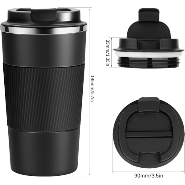 Resanvändbar Termosmugg Kaffe Koppar Vakuumisolering Rostfritt Stål Flask för Varma Kalla Drycker Black 380ml